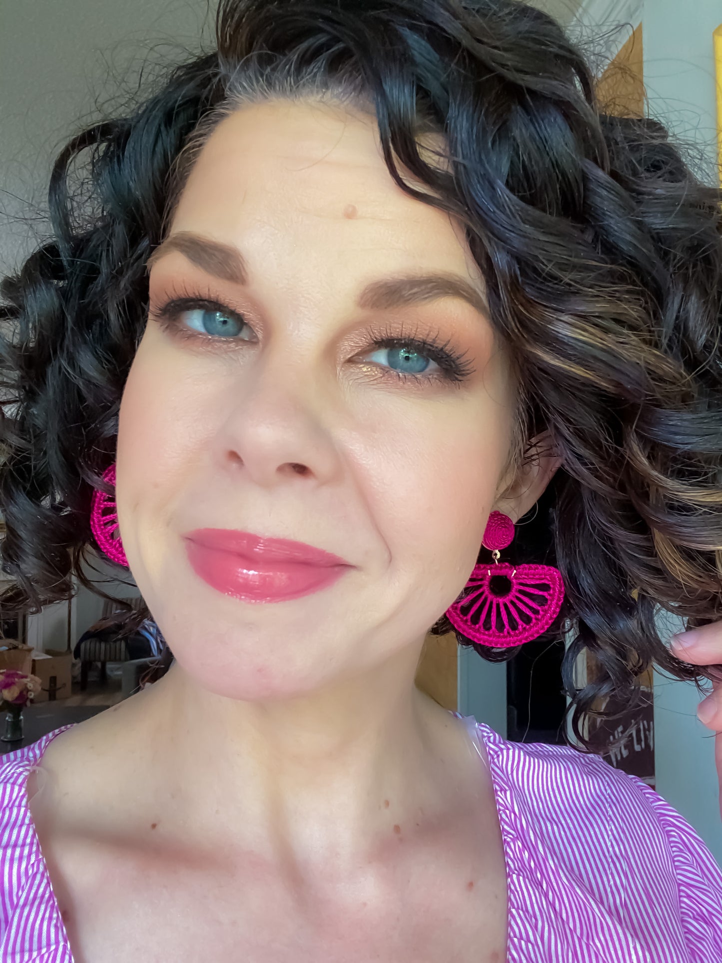 Fuchsia Rattan Half Moon Earrings