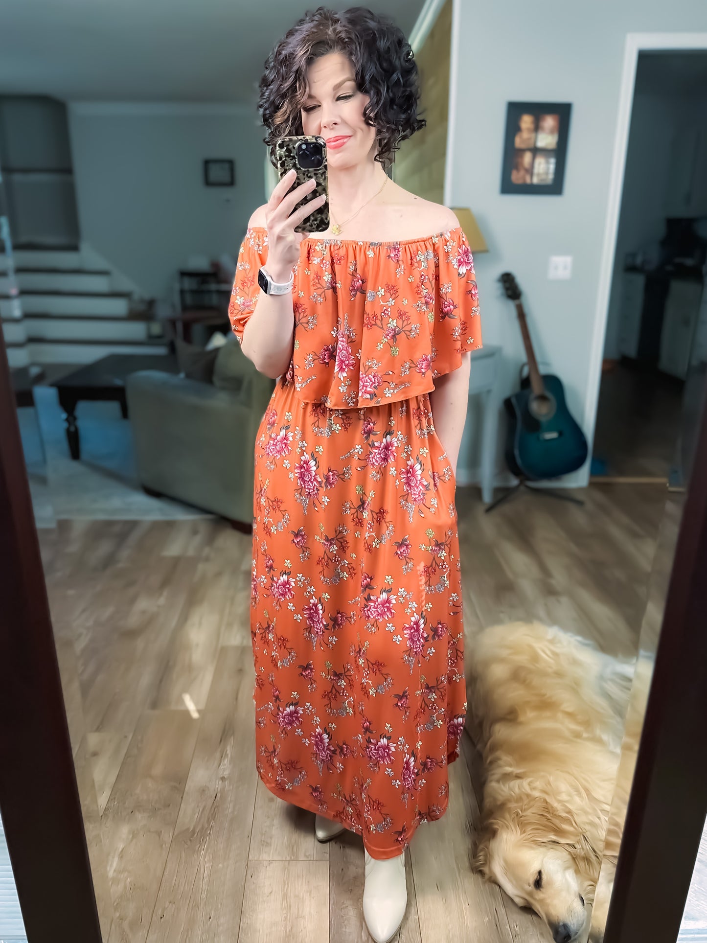 Rust Floral Off The Shoulder Maxi Dress