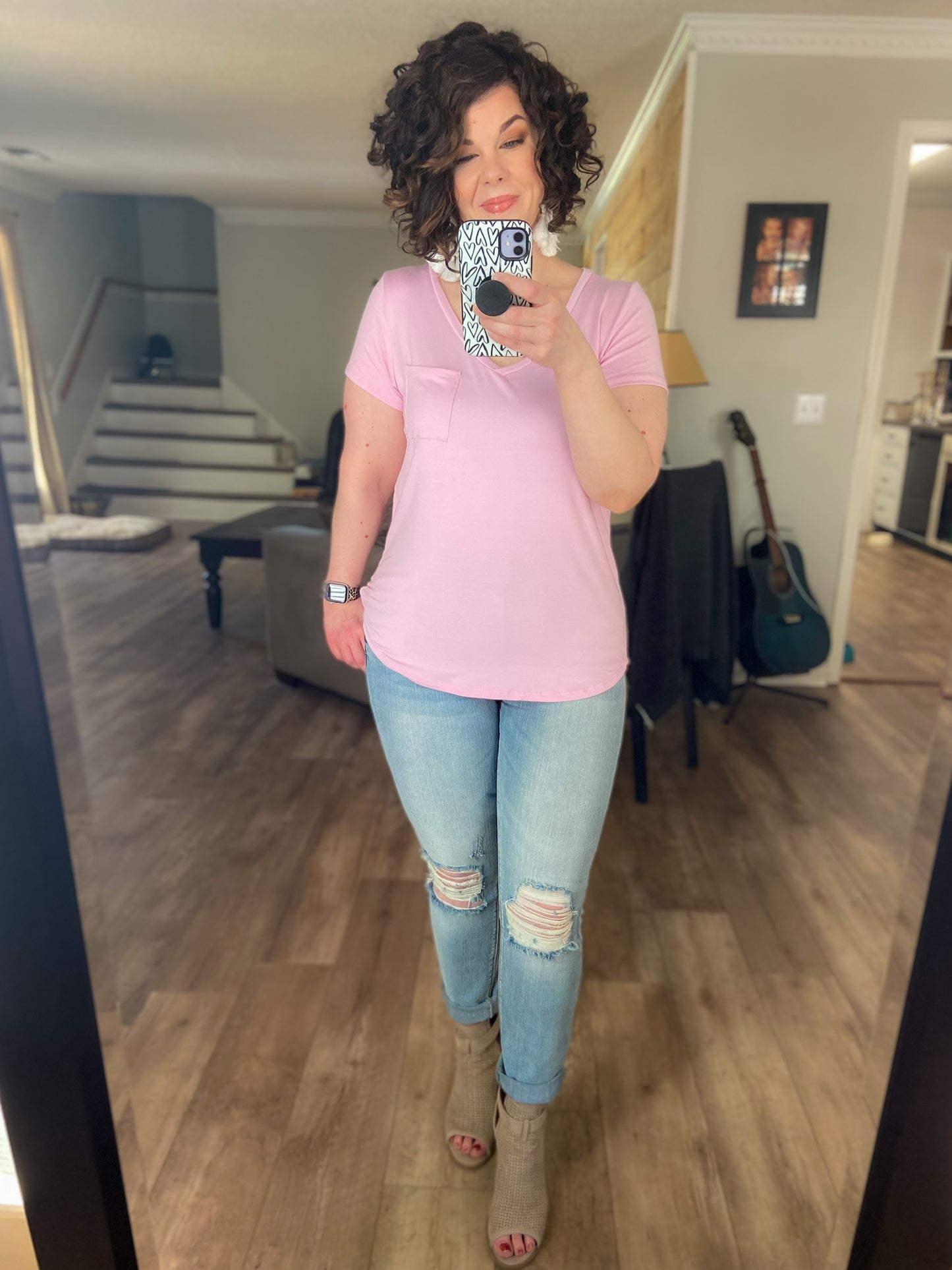 Basic V-neck Pocket Tee - Pink