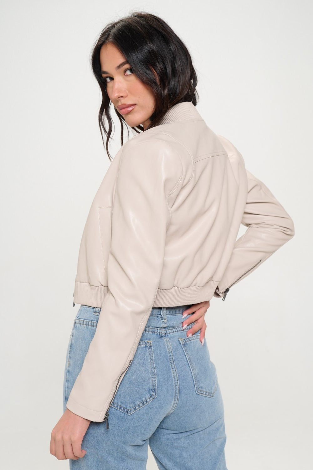 Cream Zip Up Cropped Bomber Jacket