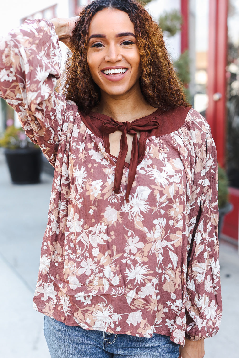 Taupe Floral Front Tie Elastic Long Sleeve Blouse