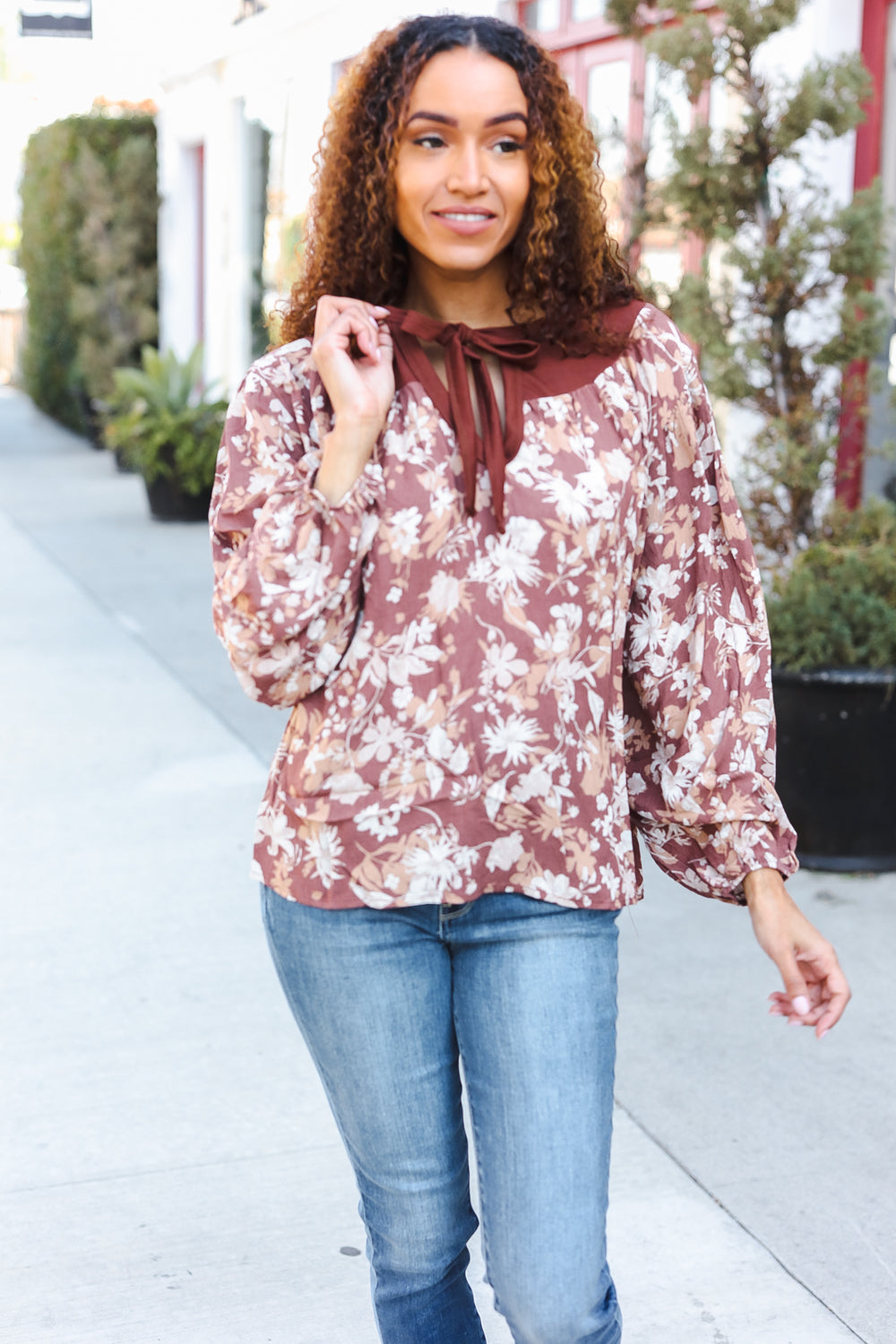 Taupe Floral Front Tie Elastic Long Sleeve Blouse