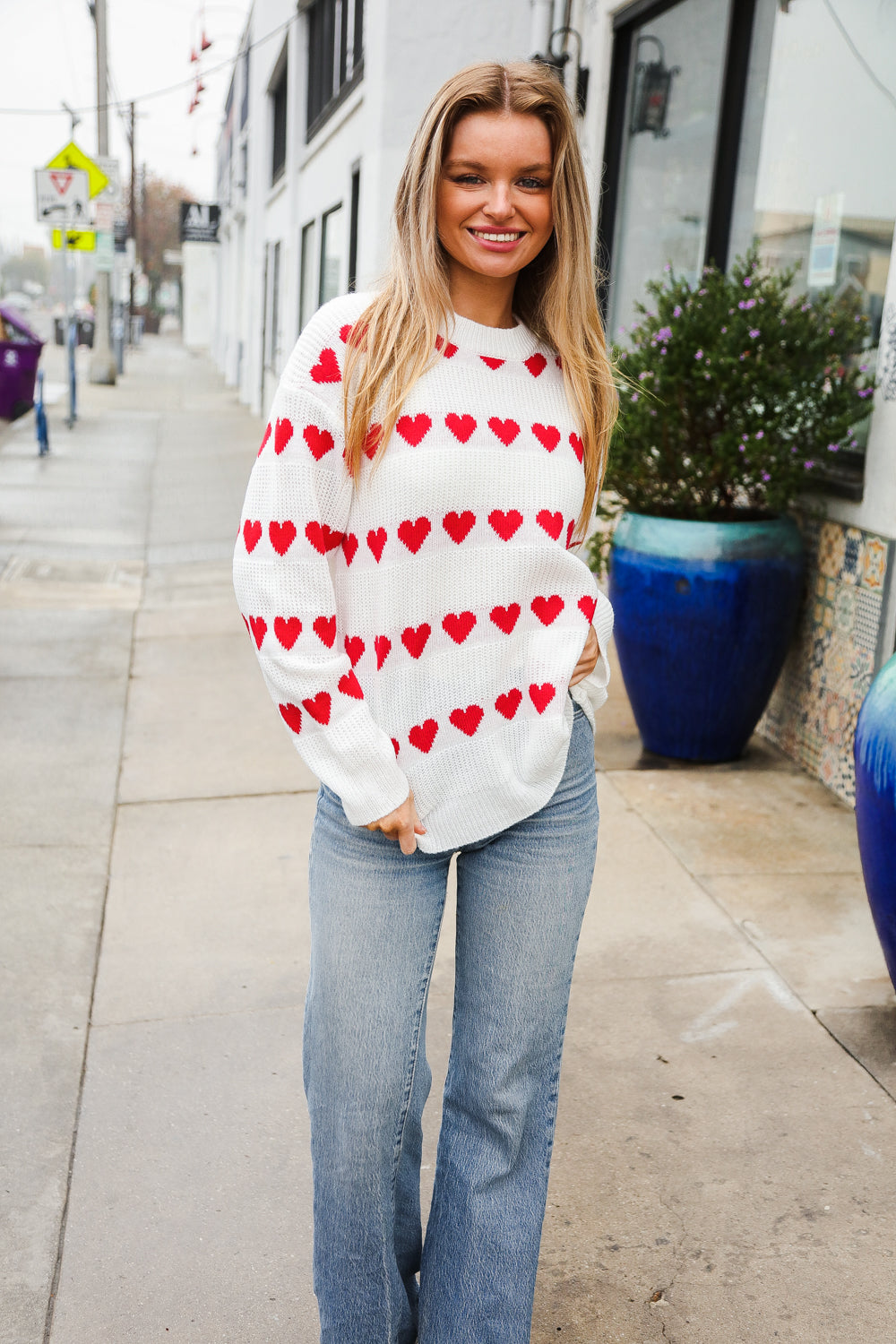 Be Mine White Jacquard Heart Stripe Pullover Sweater