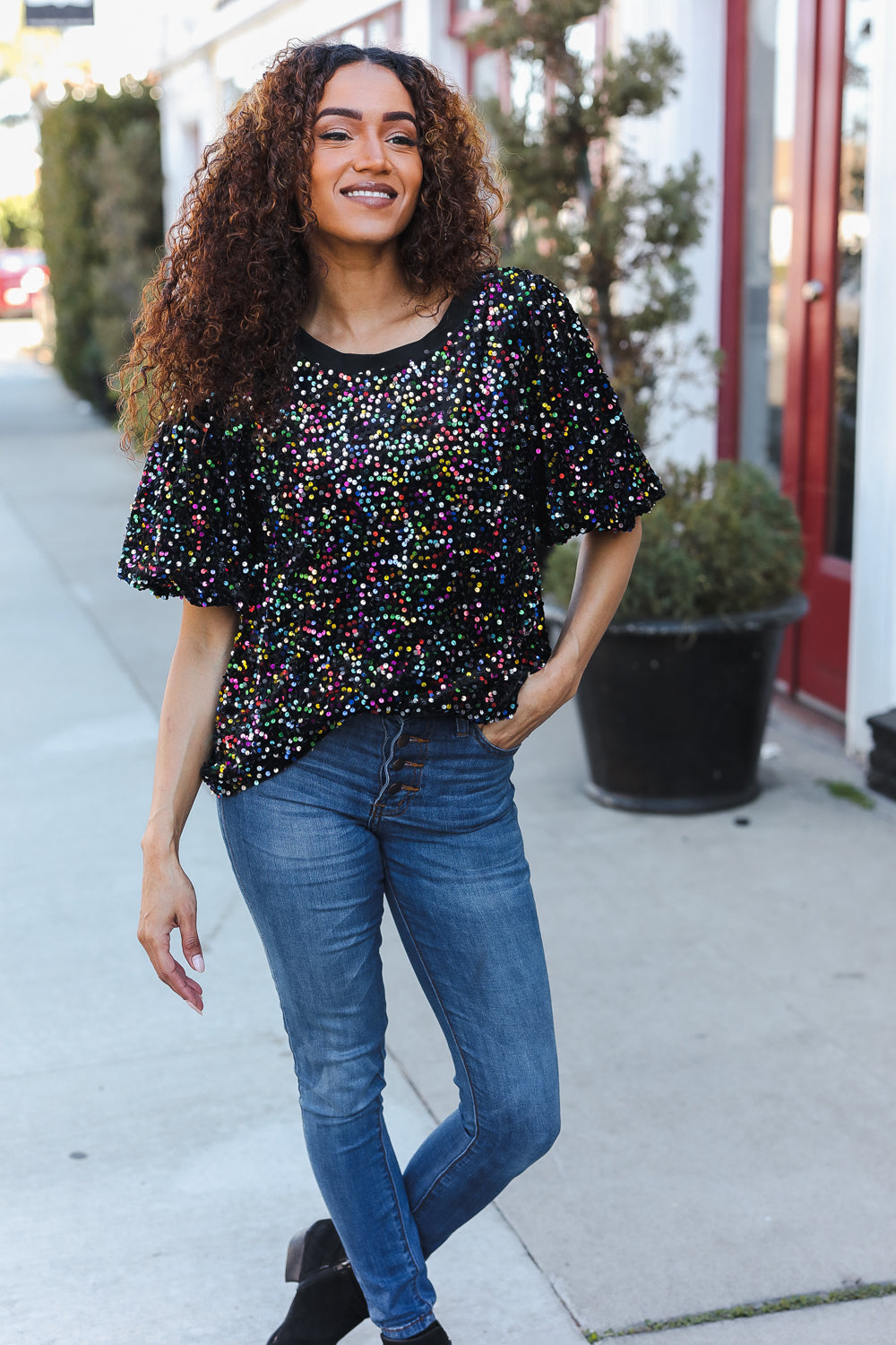 Black Velvet Multicolor Sequin Puff Sleeve Top