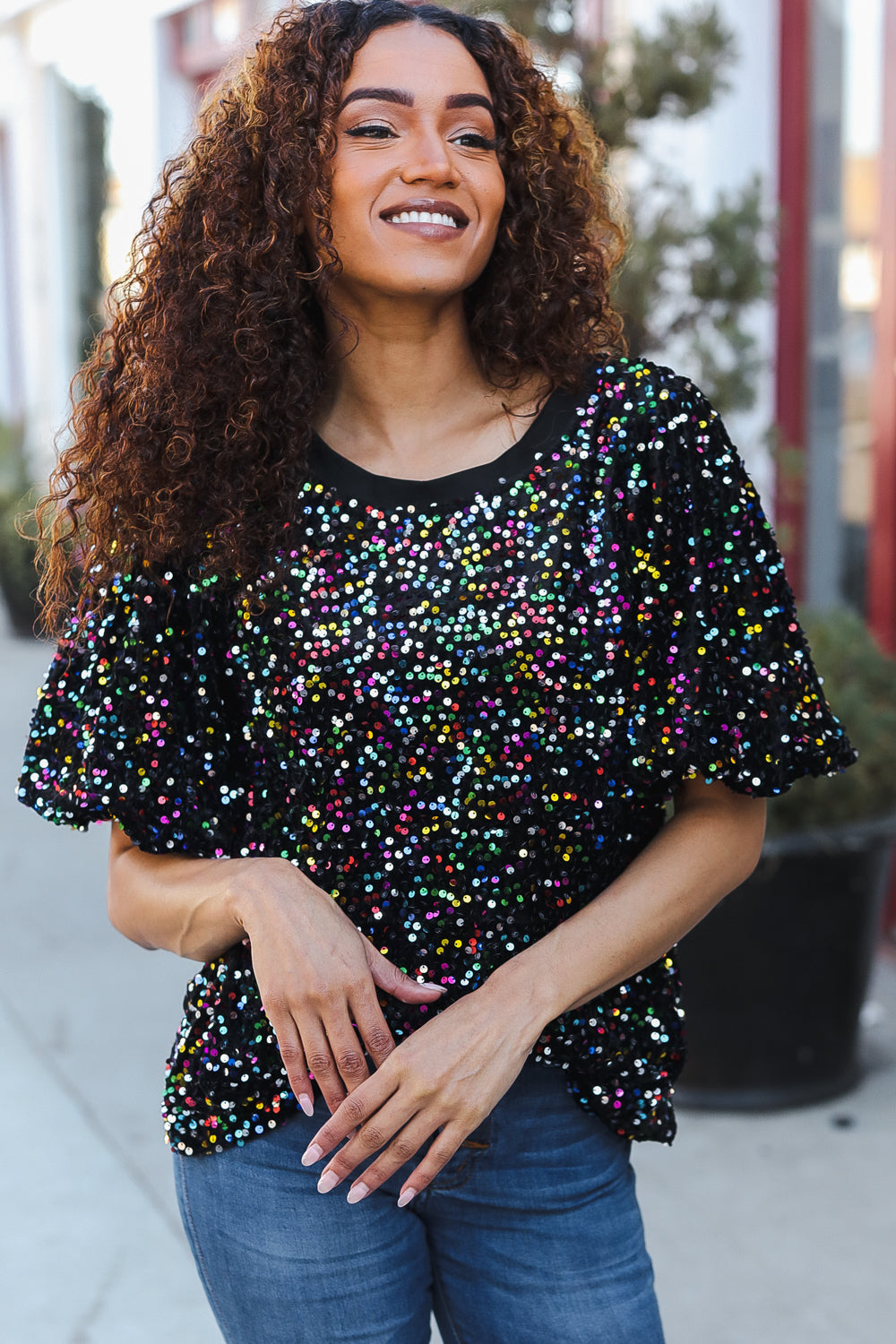 Black Velvet Multicolor Sequin Puff Sleeve Top