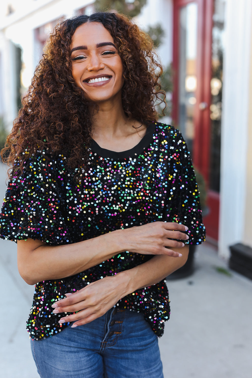 Black Velvet Multicolor Sequin Puff Sleeve Top