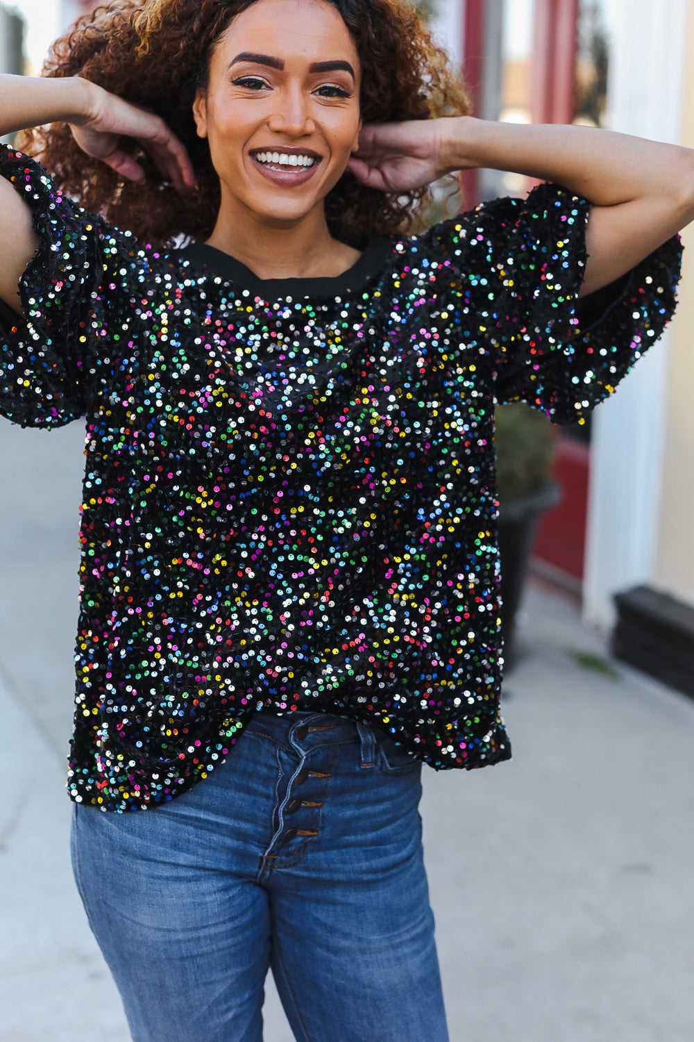 Black Velvet Multicolor Sequin Puff Sleeve Top