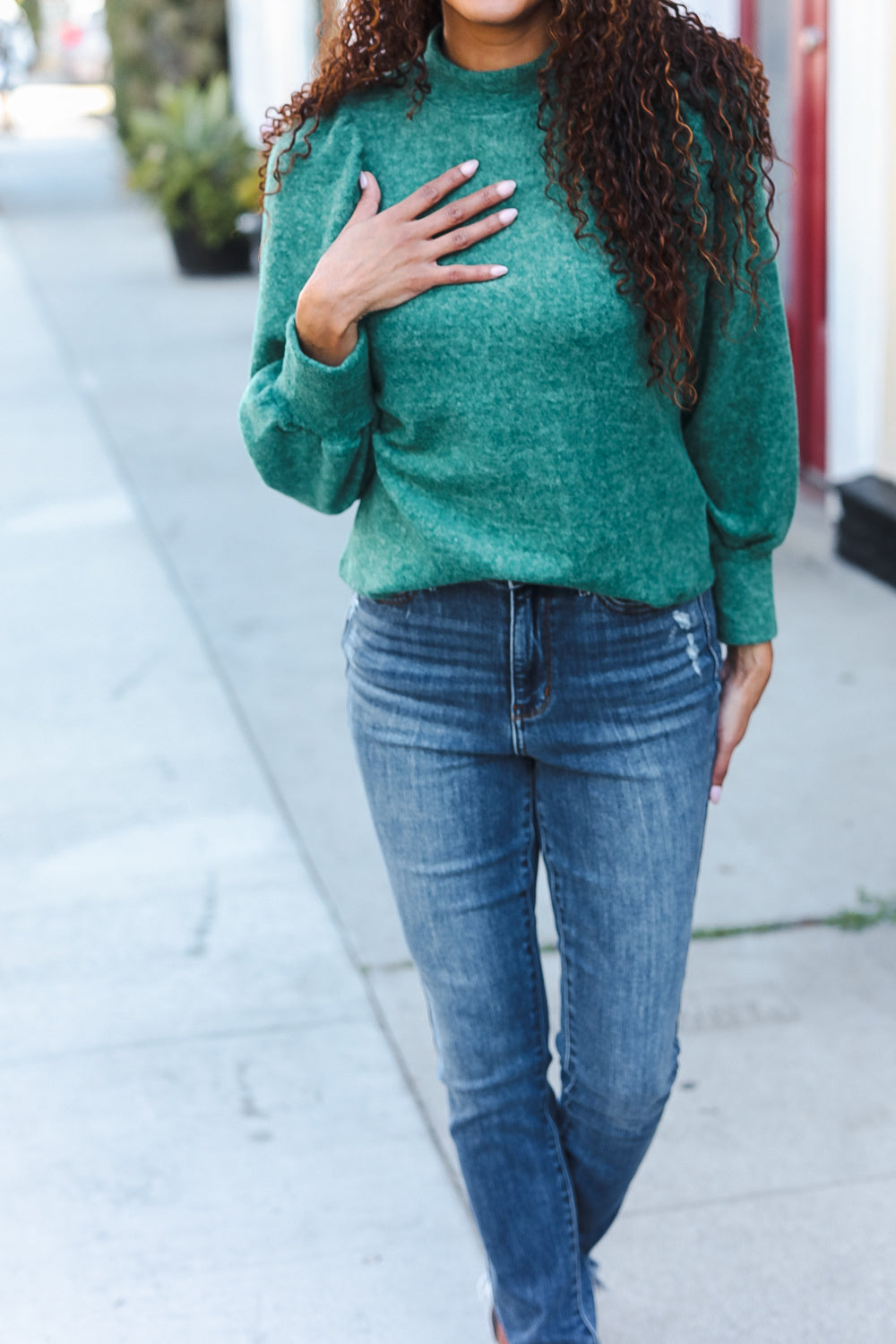 Zenana Green Brushed Melange Puff Short Sleeve Sweater