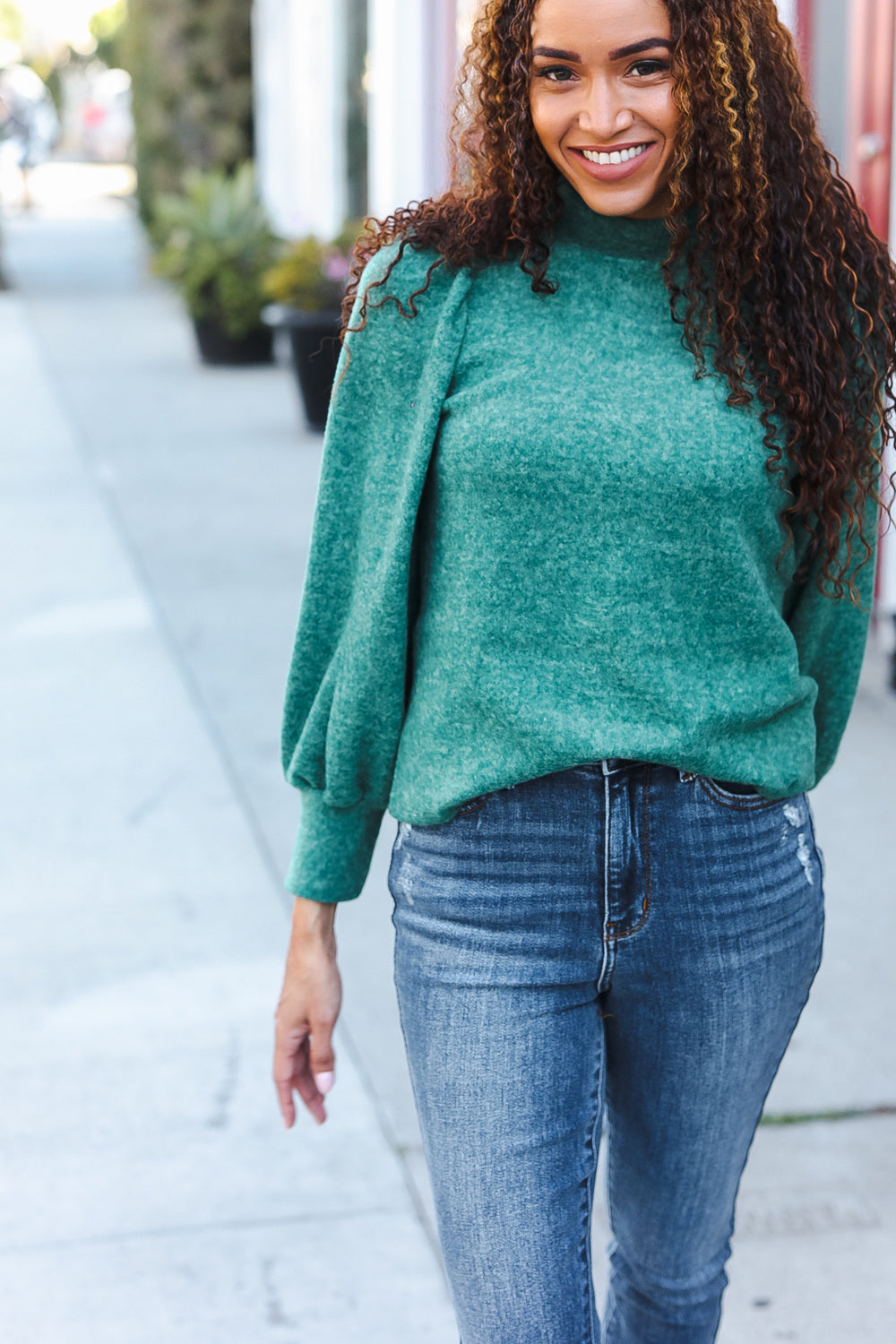 Zenana Green Brushed Melange Puff Short Sleeve Sweater