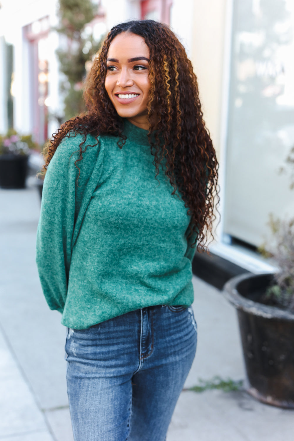 Zenana Green Brushed Melange Puff Short Sleeve Sweater