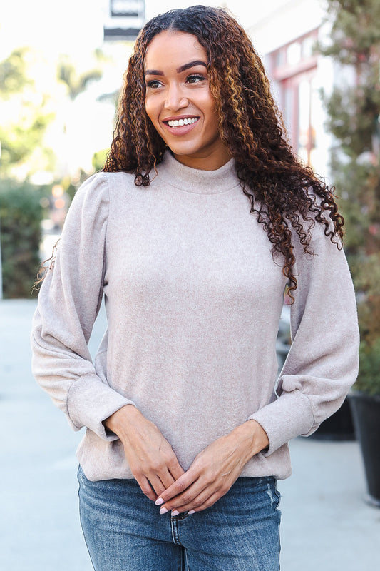 Zenana Taupe Brushed Melange Puff Short Sleeve Sweater