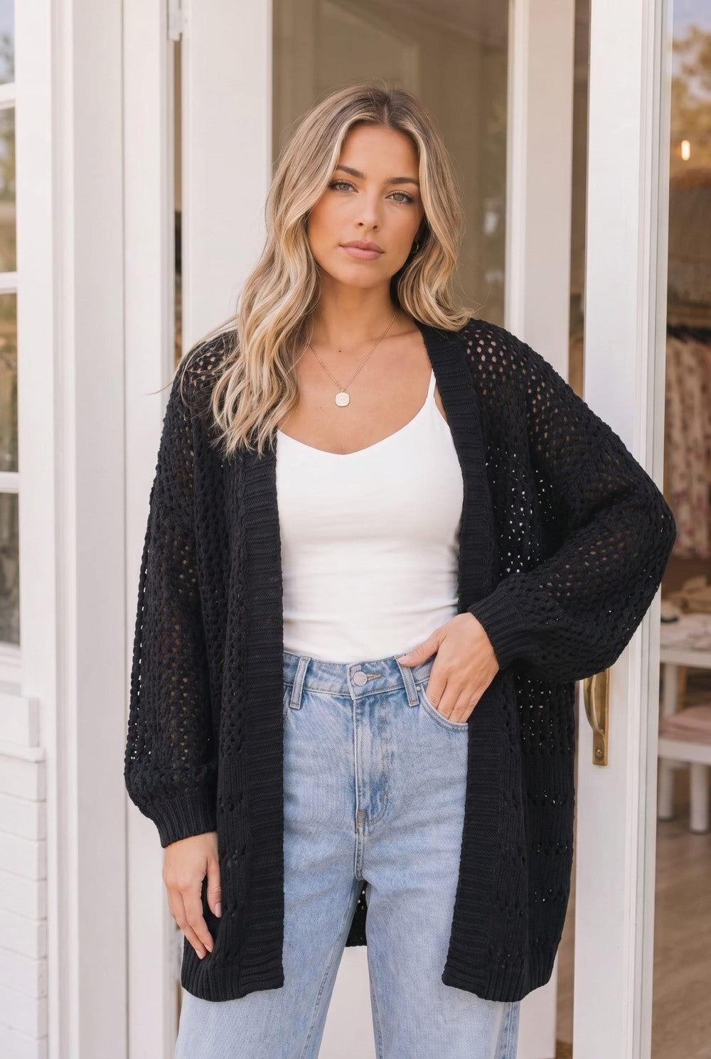 Hole in One Black Open Knit Cardigan