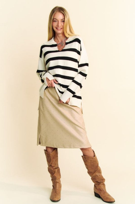 White High-Low Side Slit Striped Johnny Collar Sweater