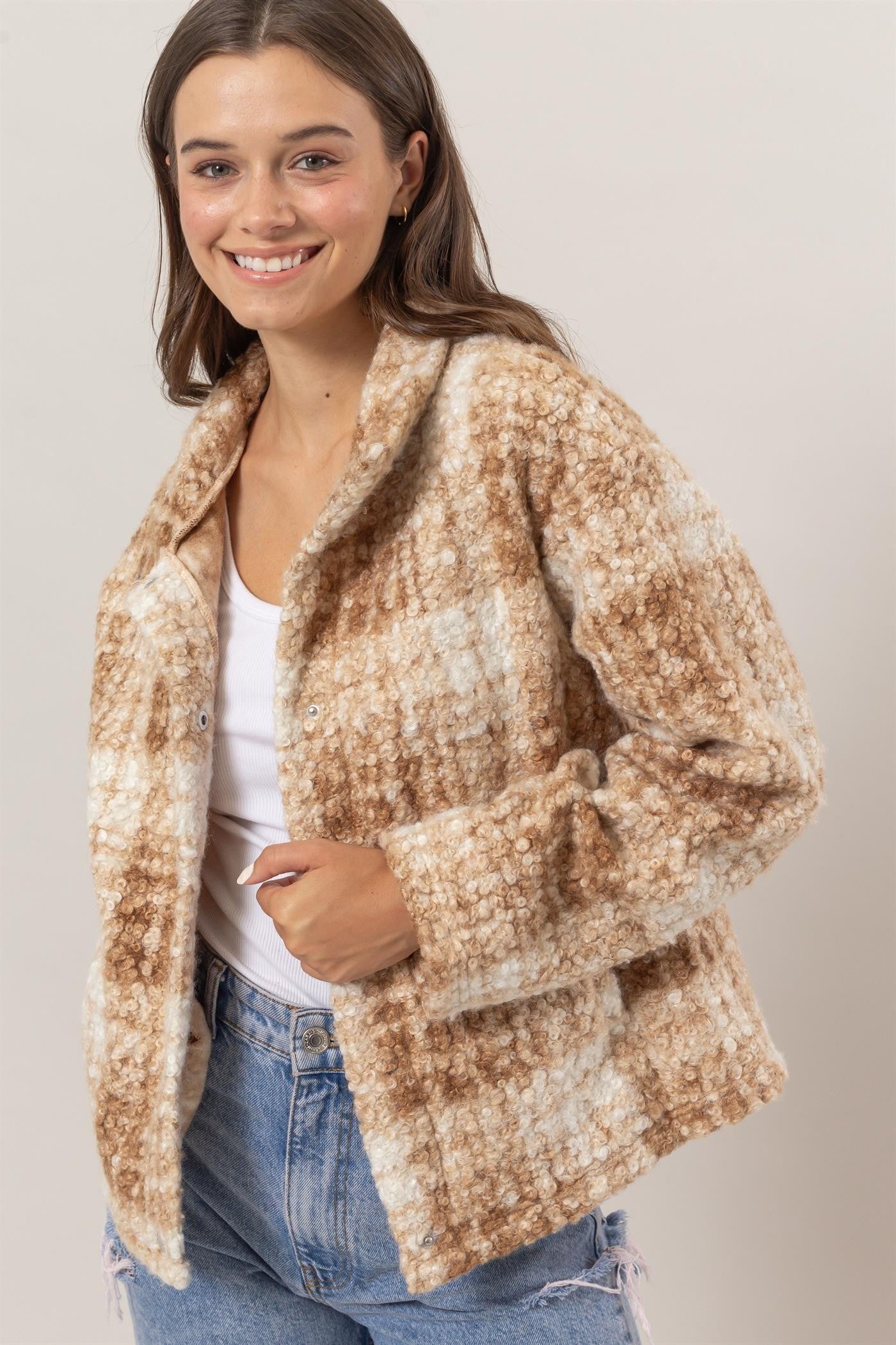 Taupe Plaid Collared Neck Boucle Jacket with Pockets