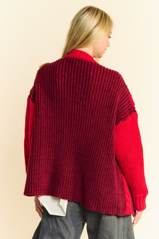 Burgunday Cable-Knit Color Block Open Front Cardigan