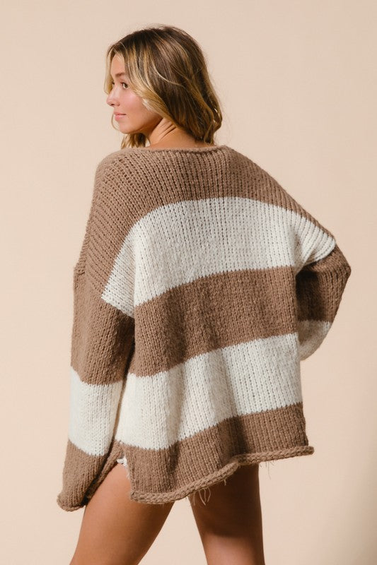 Mocha Slit Striped V-Neck Dropped Shoulder Sweater