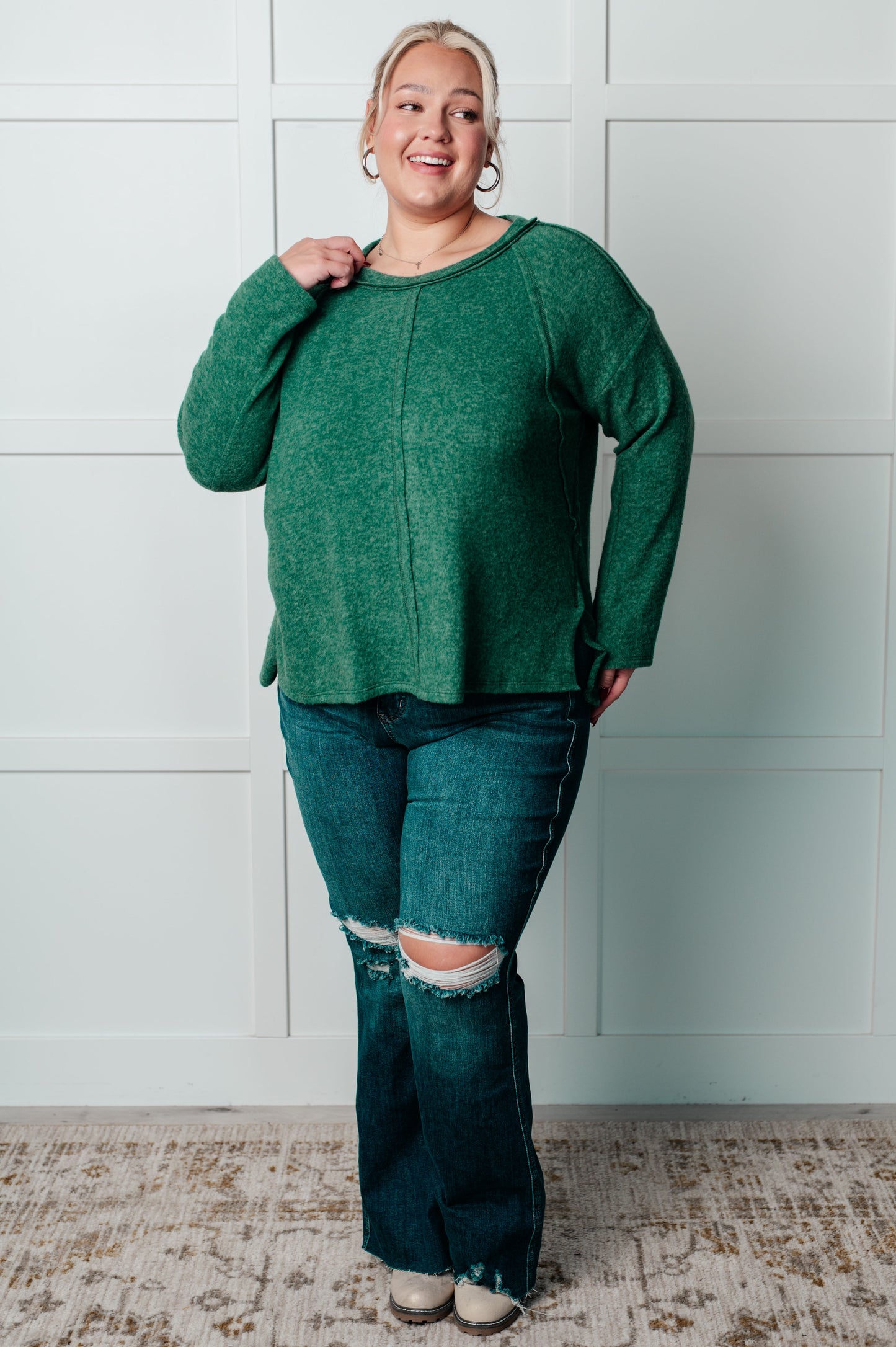 Zenana Brushed Hacci Sweater in Dark Green