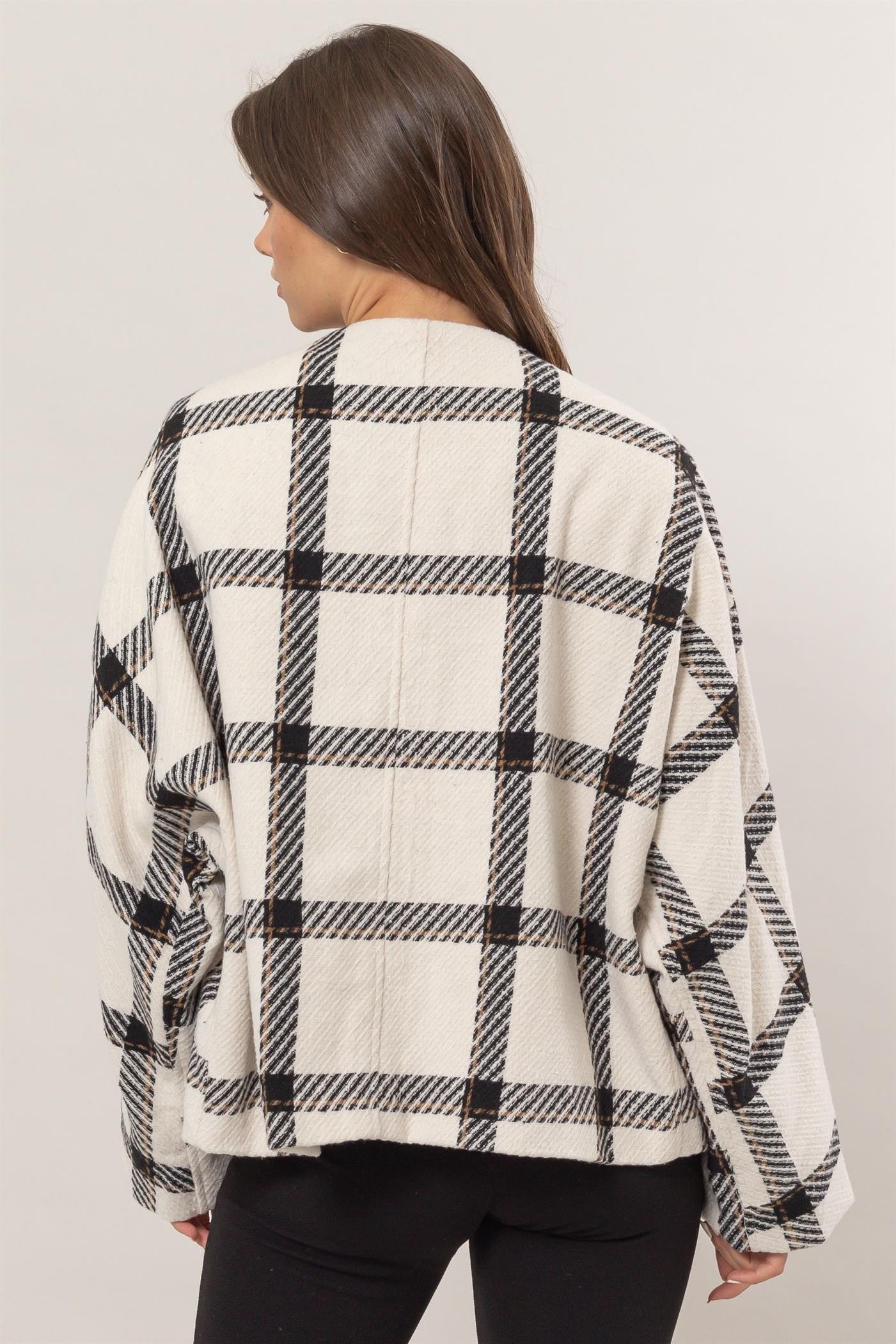 Cream Plaid Long Sleeve Jacket with Side Slit Pockets