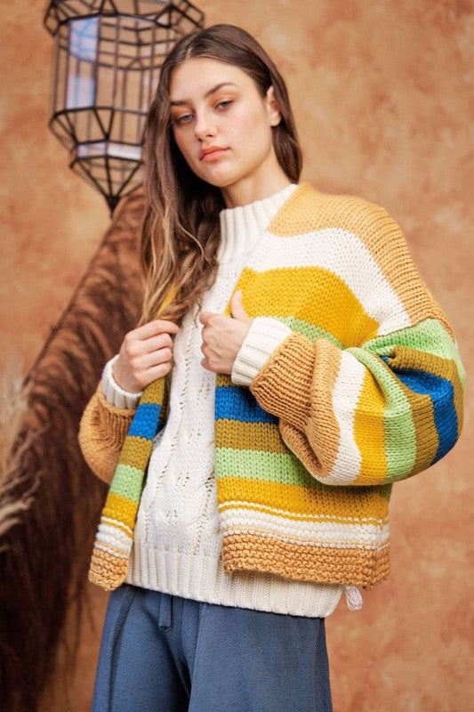 Multicolor Contrast Striped Open Front Lantern Sleeve Cardigan