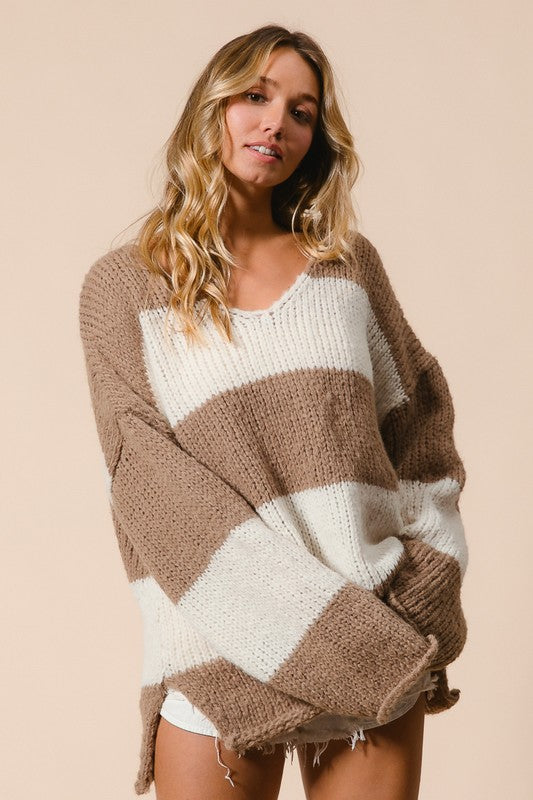 Mocha Slit Striped V-Neck Dropped Shoulder Sweater