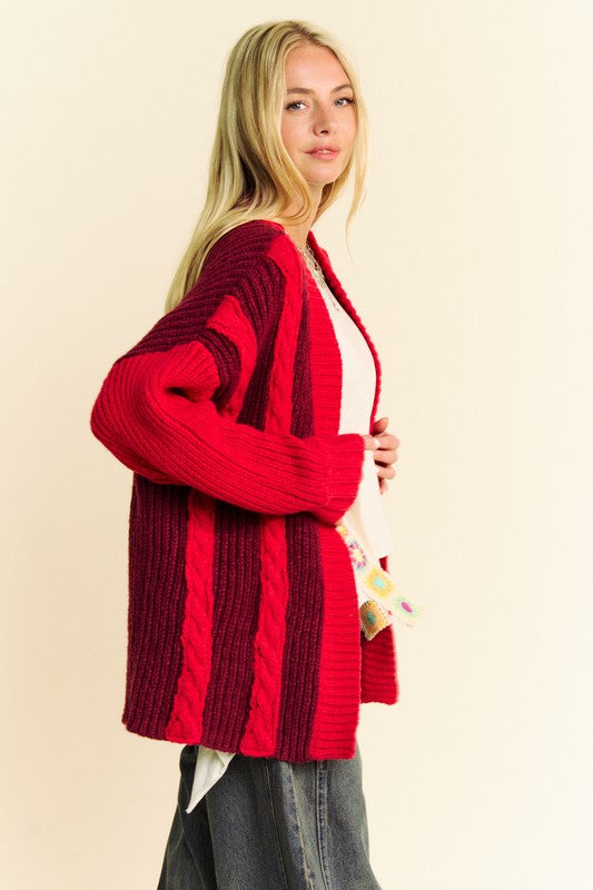 Burgunday Cable-Knit Color Block Open Front Cardigan