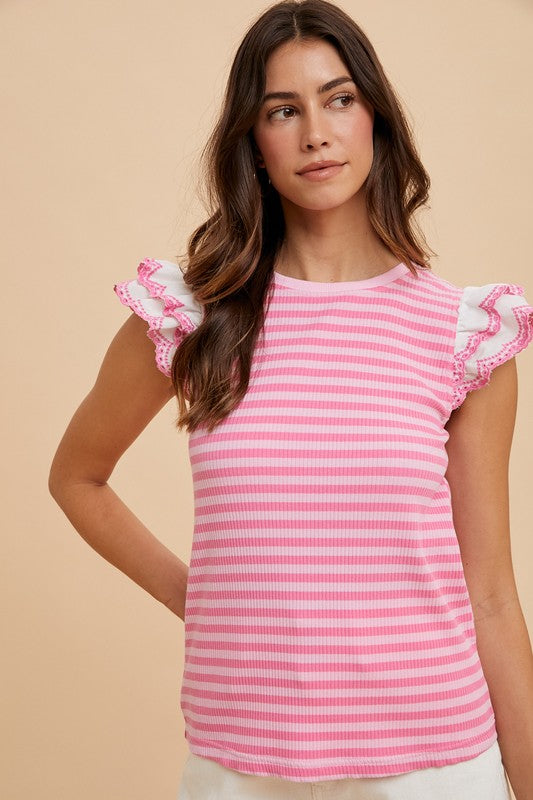 Pink Ruffled Striped Round Neck Cap Sleeve Knit Top