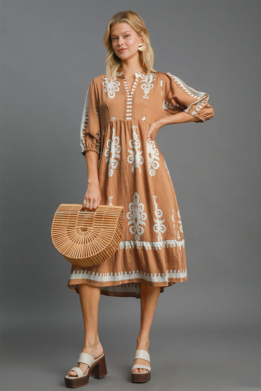 Umgee Printed Notched Midi Dress