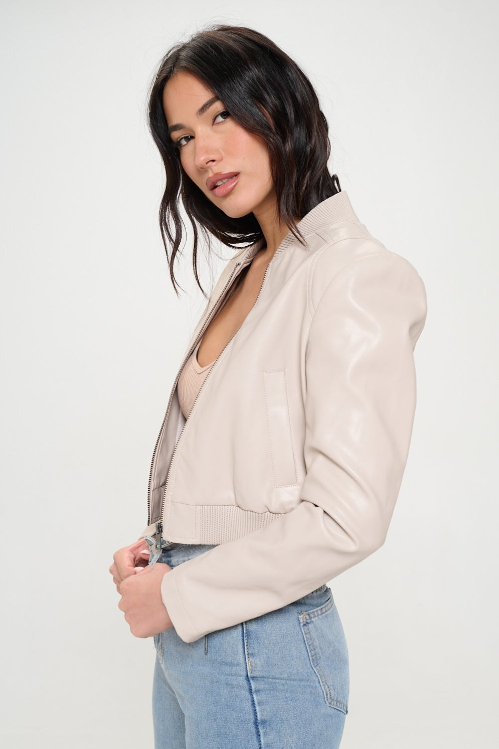 Cream Zip Up Cropped Bomber Jacket