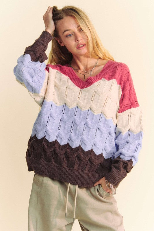 Mauve/Light Blue Wavy Texture Color Block V-Neck Sweater