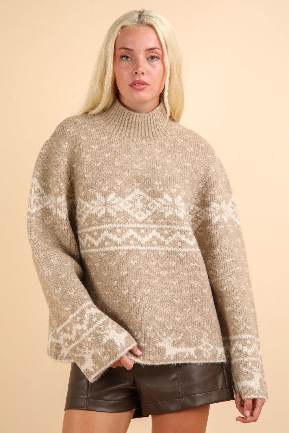 Mocha Christmas Element Mock Neck Long Sleeve Sweater