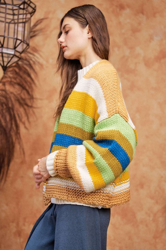 Multicolor Contrast Striped Open Front Lantern Sleeve Cardigan