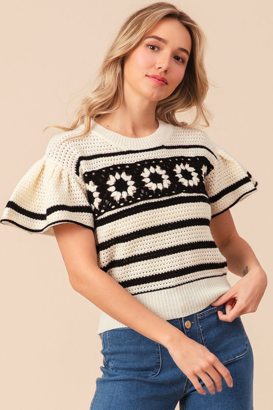 Square Short Sleeve Striped Sweater