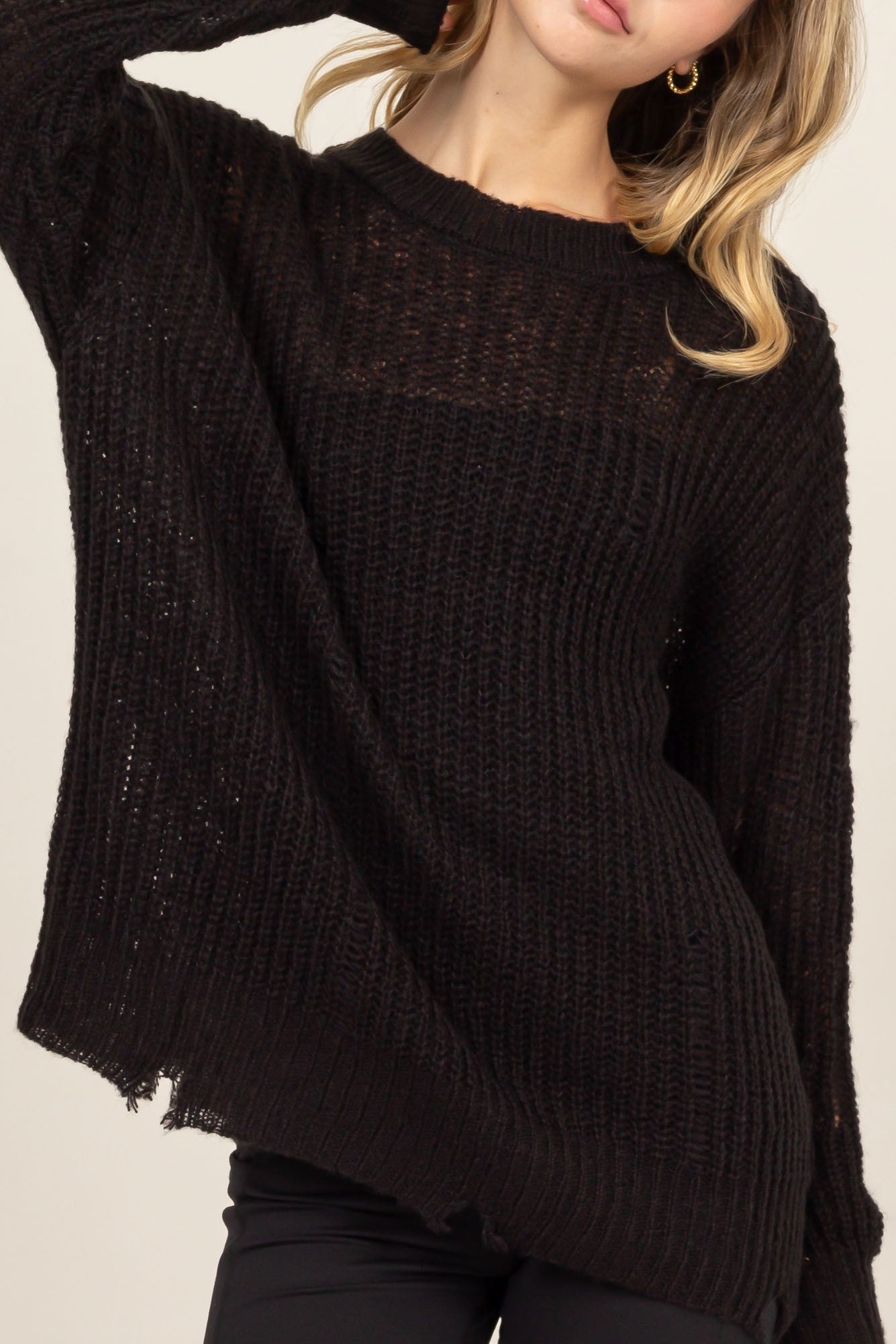 Black Distressed Long Sleeve Knit Top