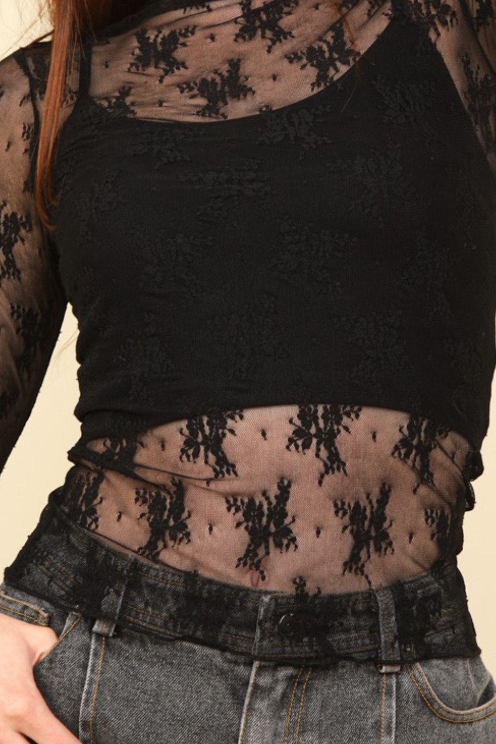 Black Mock Neck Fitted Sheer Mesh Lace Blouse