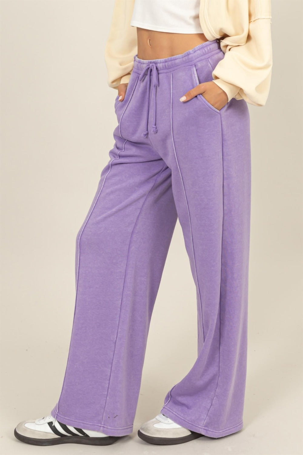 Lavender Drawstring High Rise Wide Leg Pants