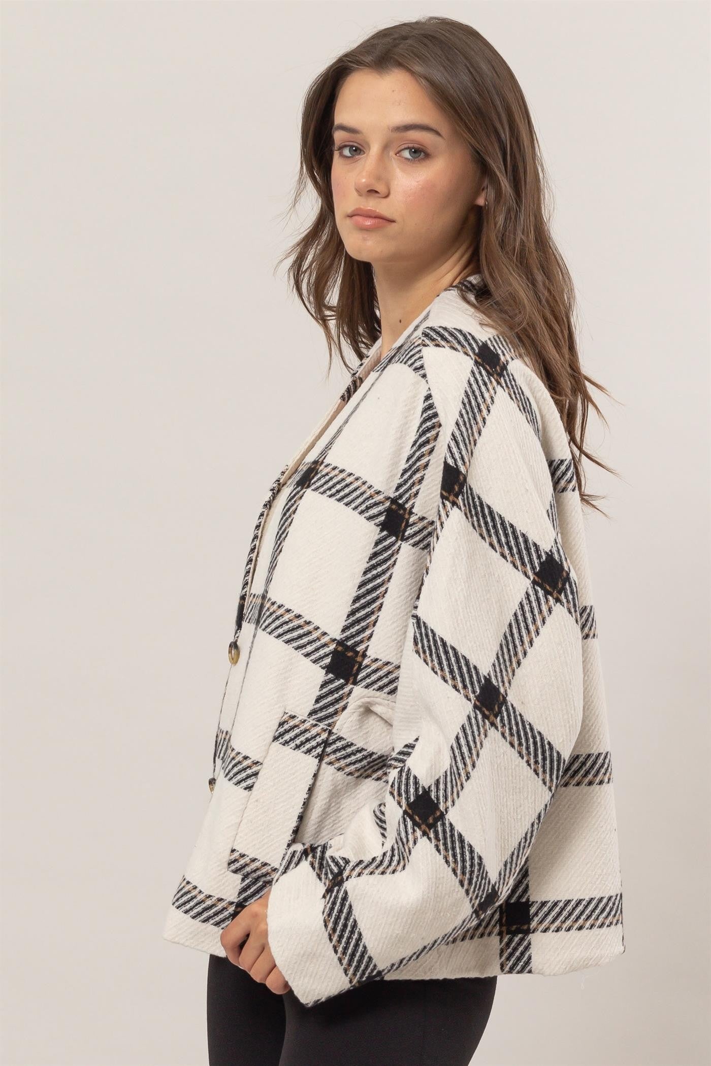 Cream Plaid Long Sleeve Jacket with Side Slit Pockets