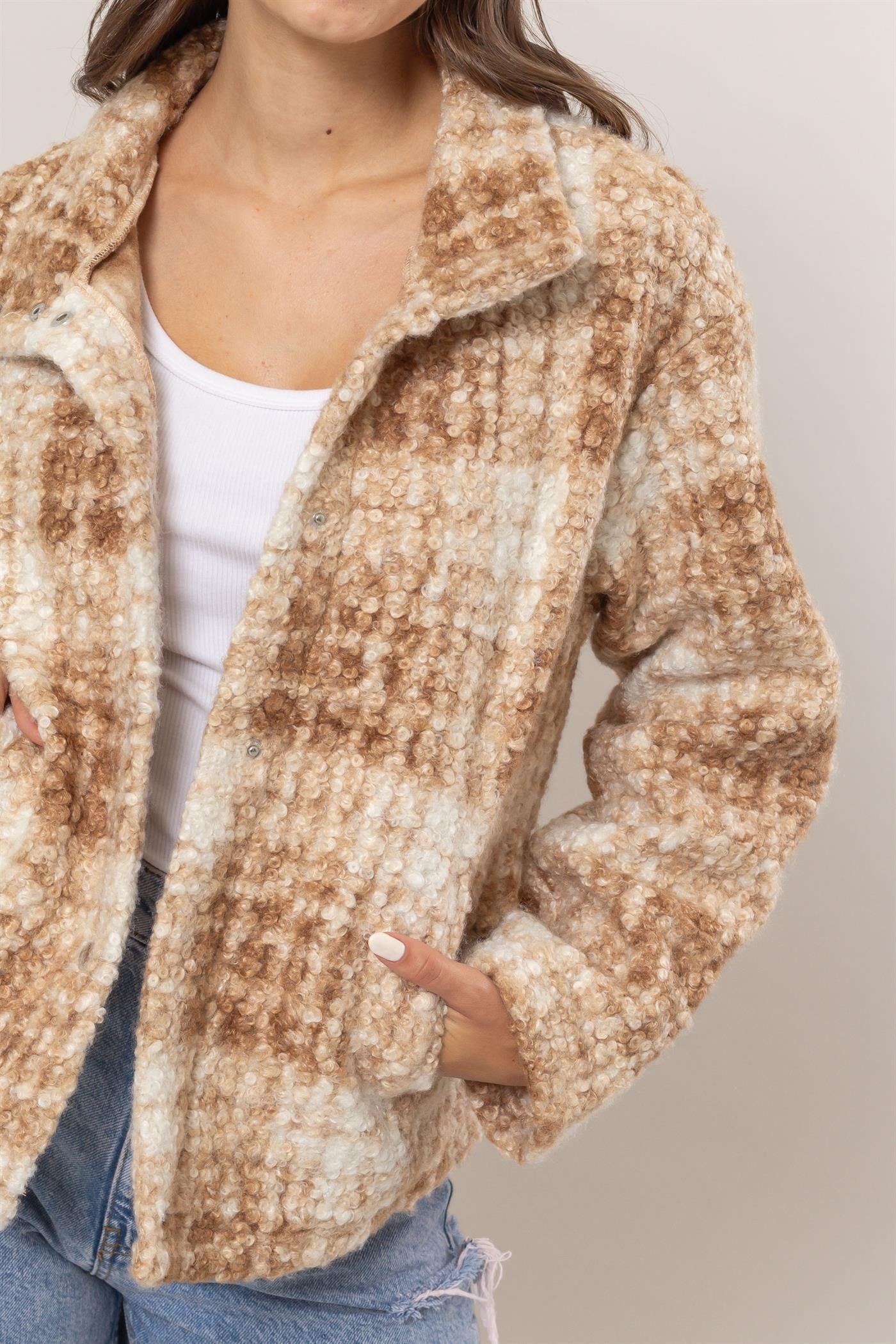 Taupe Plaid Collared Neck Boucle Jacket with Pockets