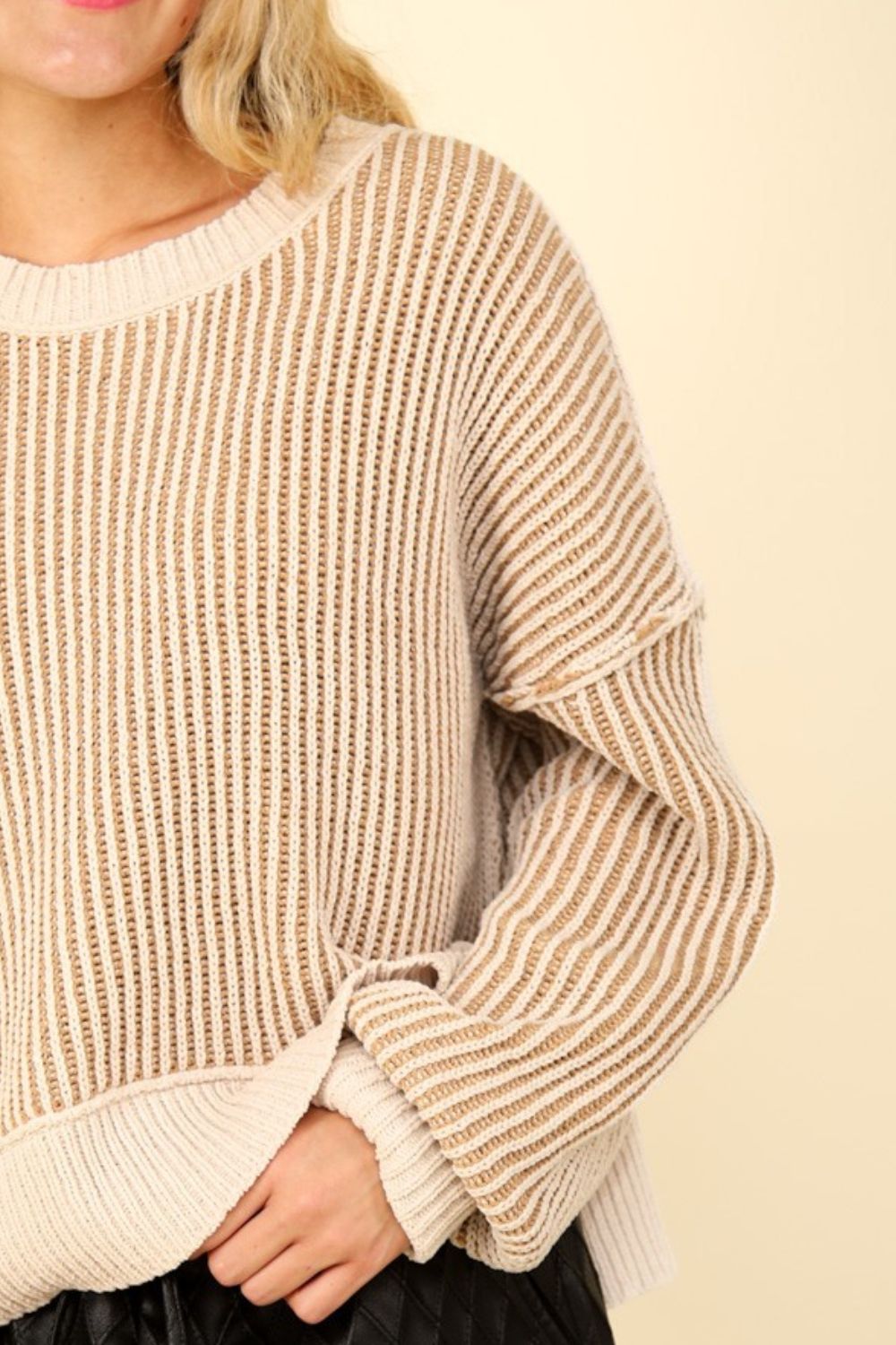 Ecru Exposed Seam Cropped Striped Slit Sweater