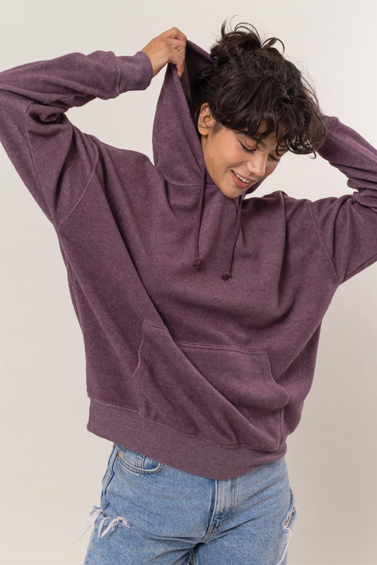 Plum Brushed Long Sleeve Hoodie with Kangaroo Pocket