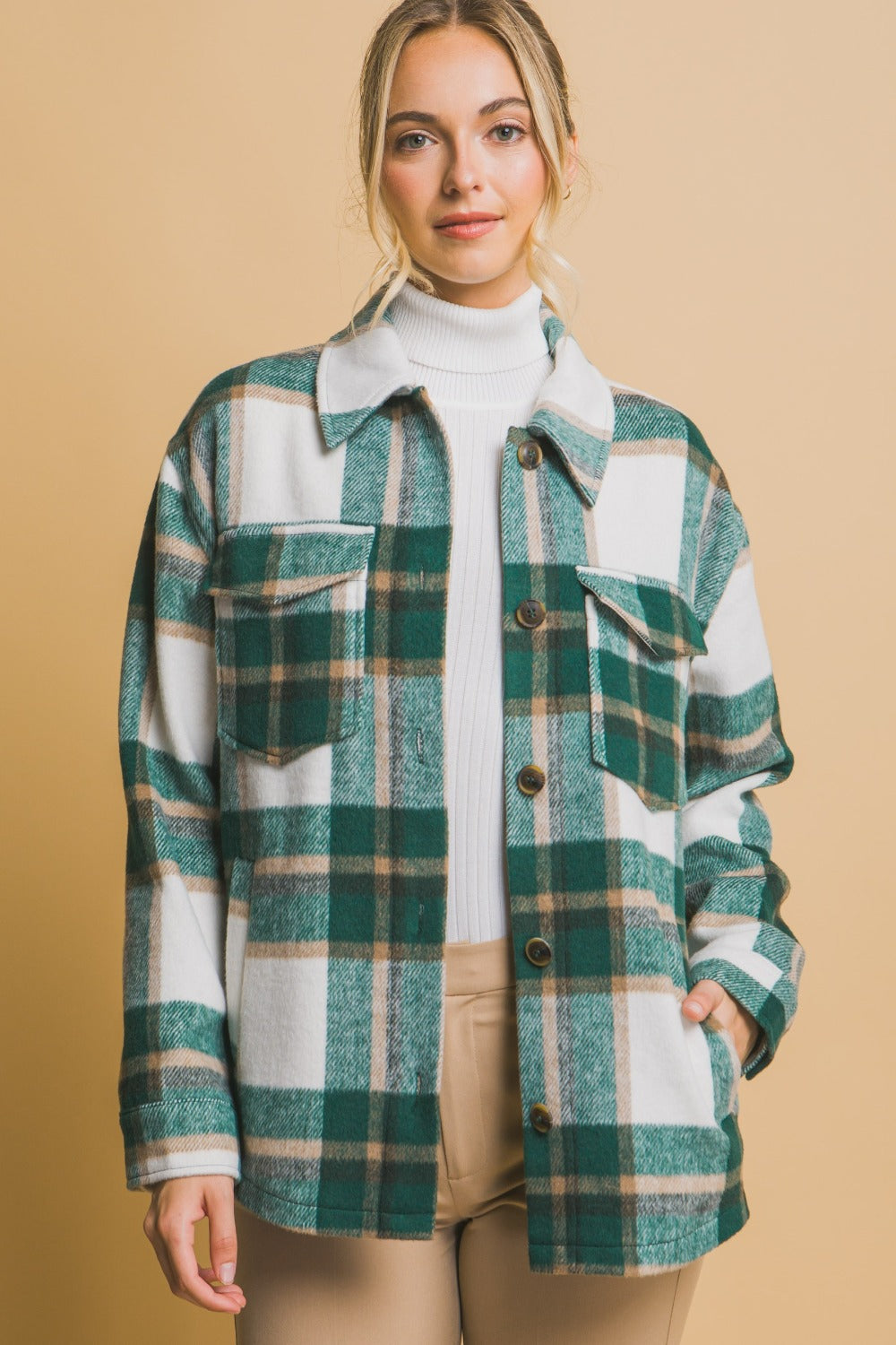 Green Plaid Button Up Shacket