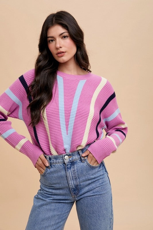 Orchid Chevron Stripe Round Neck Ribbed Sweater