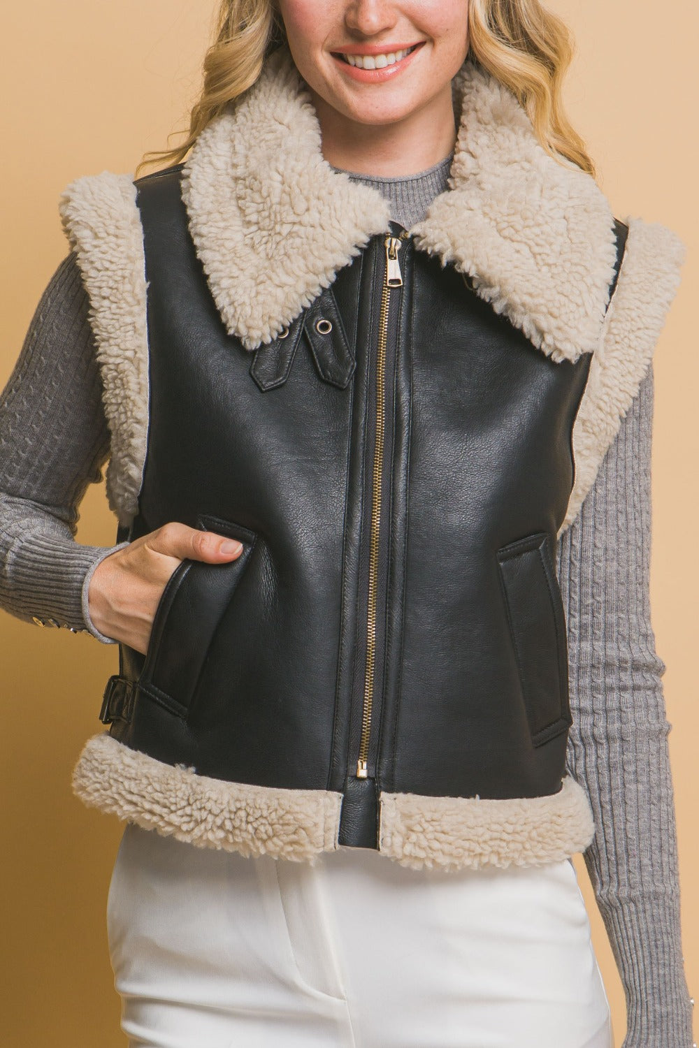 Black Sherpa Zip Up Vest with Pockets