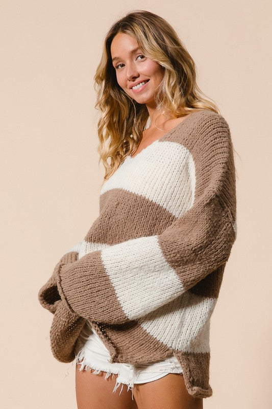 Mocha Slit Striped V-Neck Dropped Shoulder Sweater