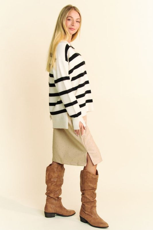 White High-Low Side Slit Striped Johnny Collar Sweater