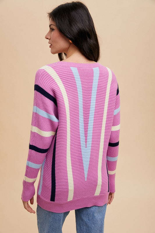 Orchid Chevron Stripe Round Neck Ribbed Sweater