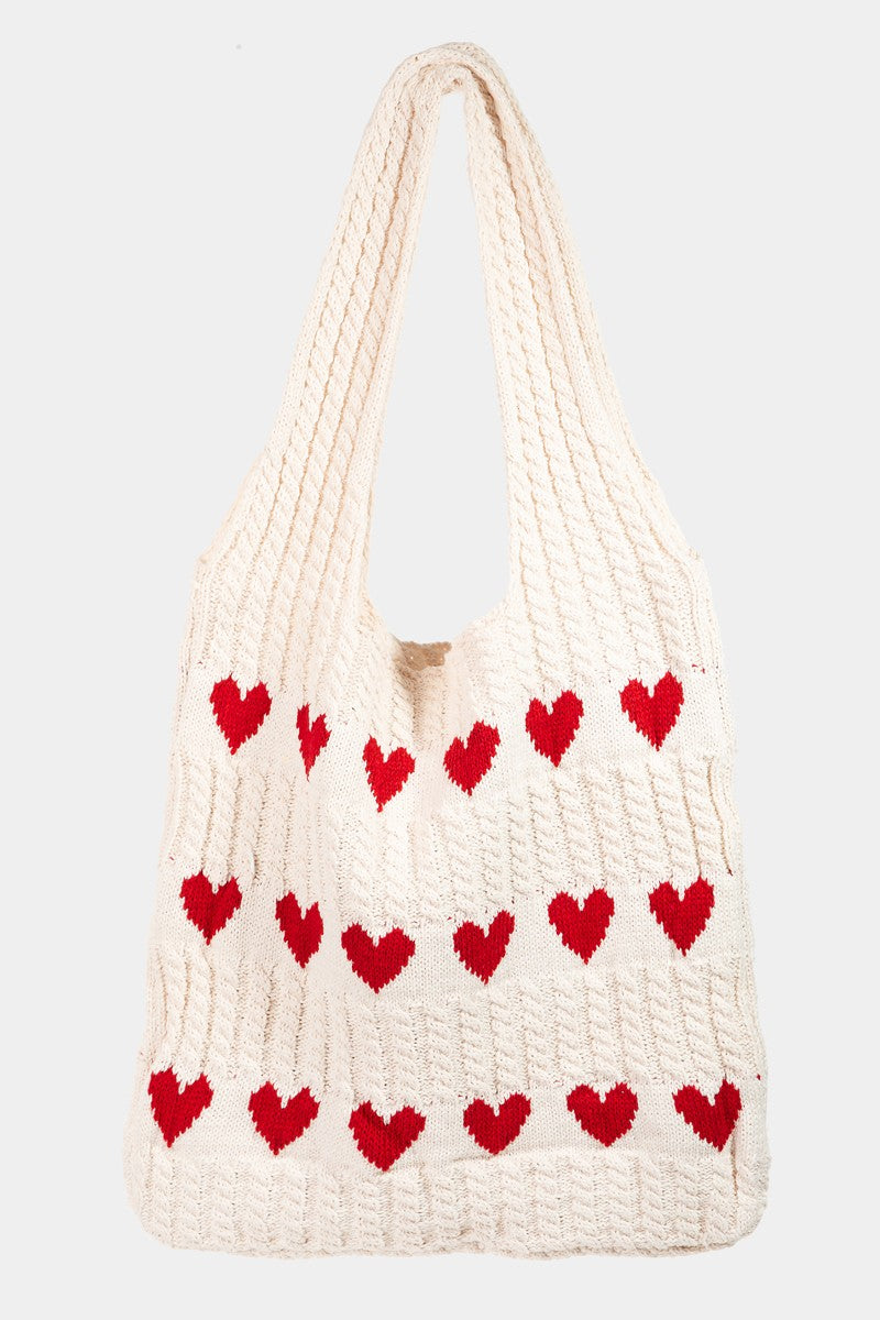 Contrast Heart Crochet Tote Bag