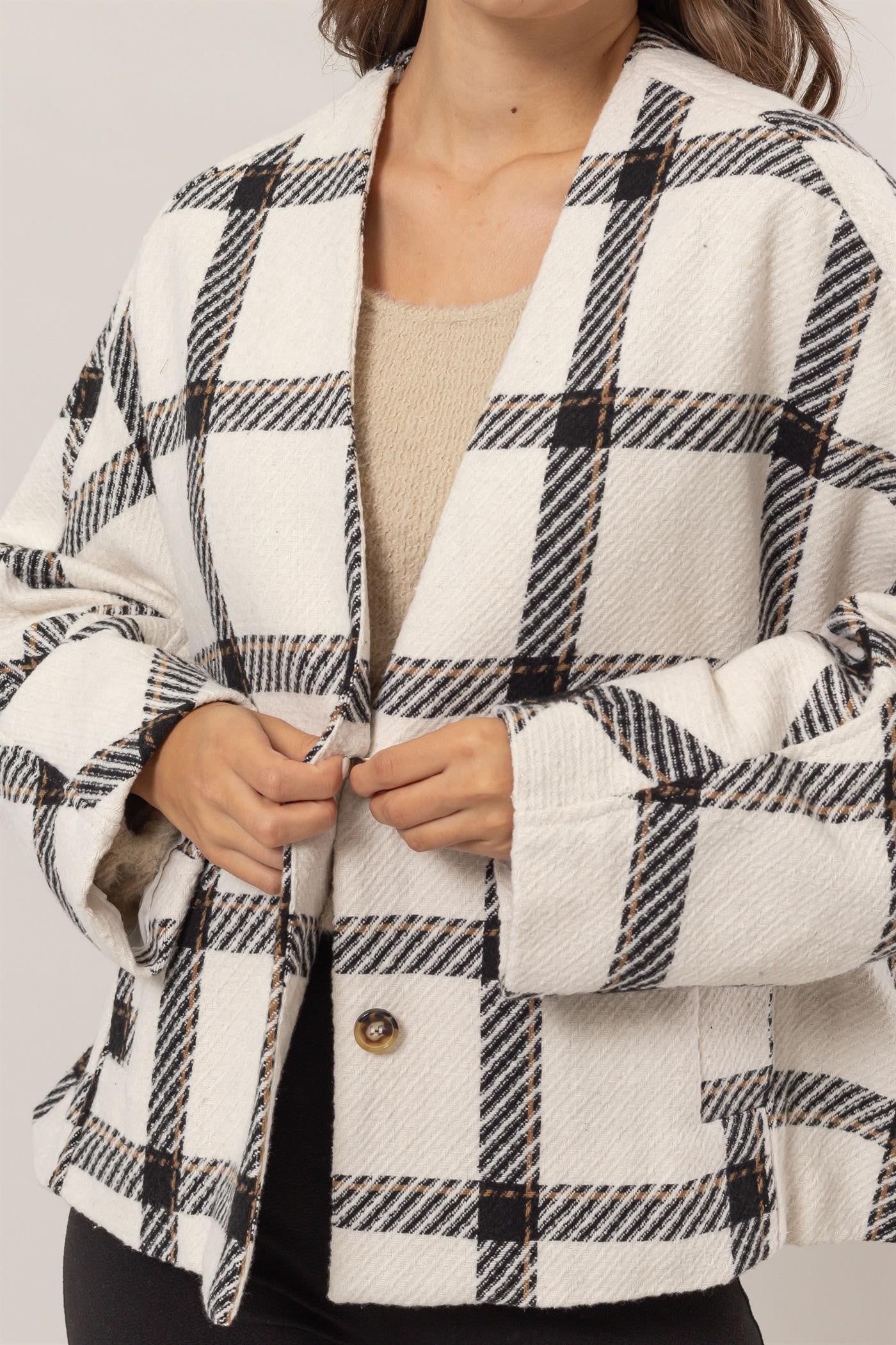 Cream Plaid Long Sleeve Jacket with Side Slit Pockets