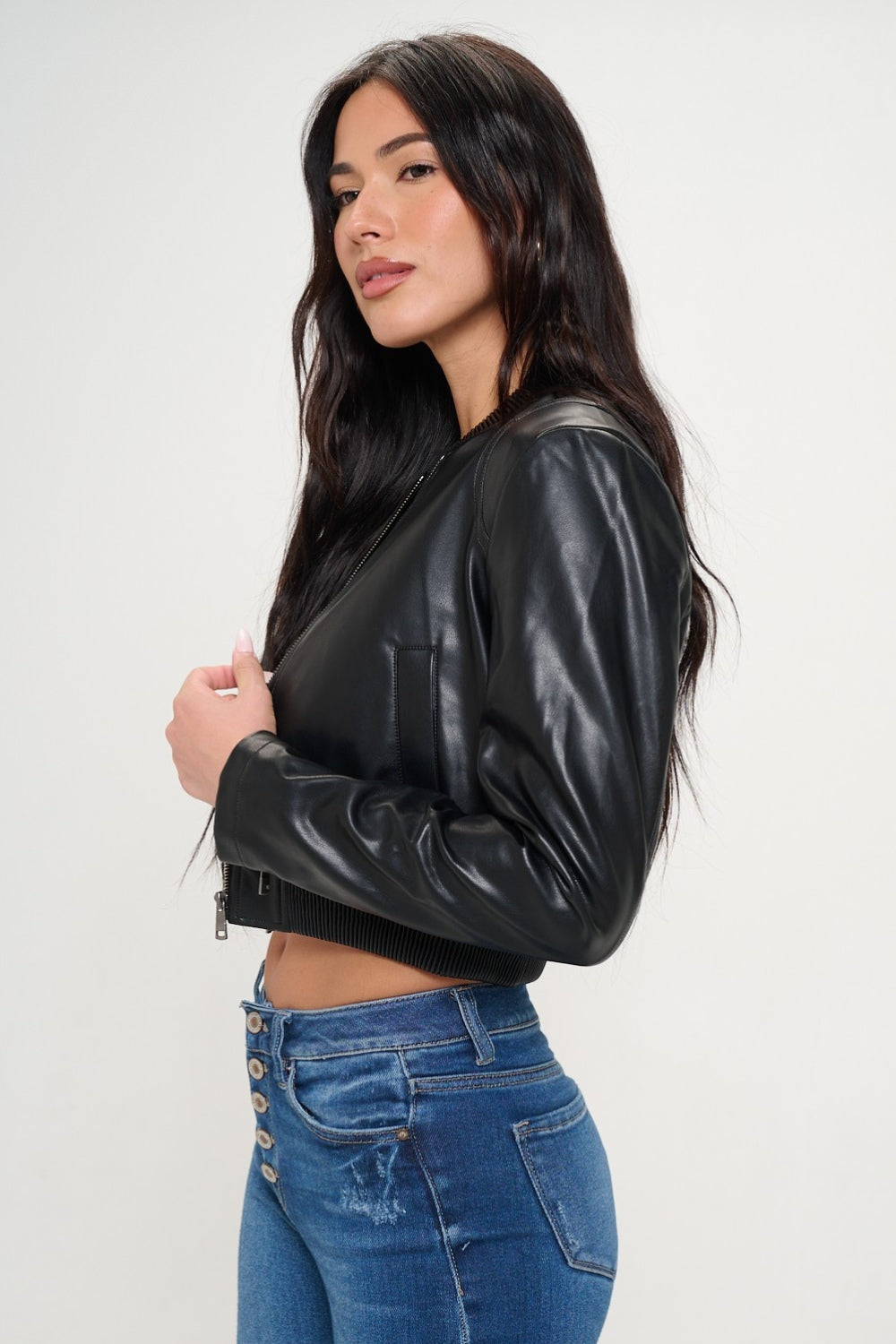 Black Faux Leather Zip Up Cropped Bomber Jacket