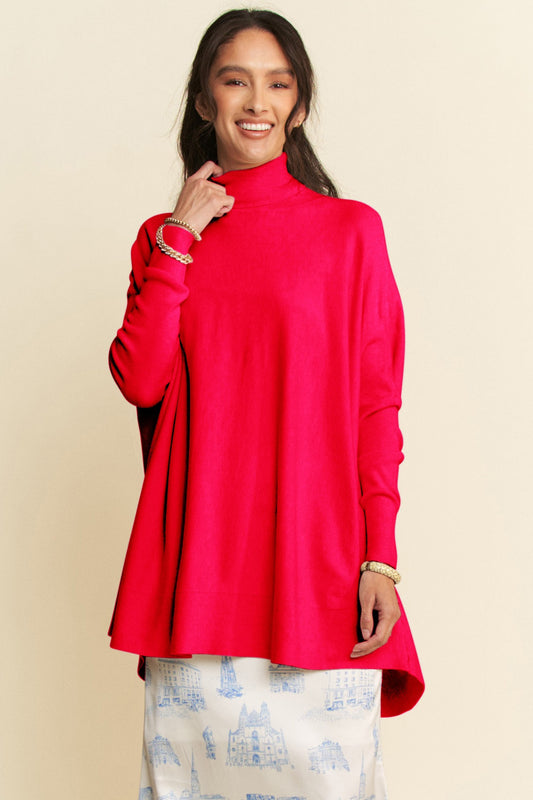 Hot Pink High-Low Turtleneck Long Sleeve Knit Top