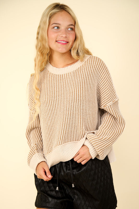 Ecru Exposed Seam Cropped Striped Slit Sweater